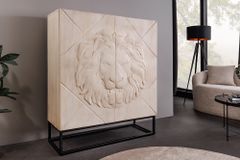 Massives Highboard LION 120cm creme Mangoholz schwarz Metall 3D Schnitzereien Kunstwerk