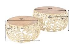 Rundes 2er Set Couchtische ABSTRACT LEAF 70cm natur gold Massivholz Akazie Metall Blatt-Design