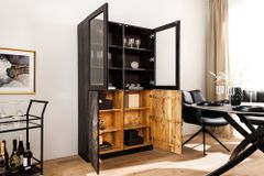 Massives Highboard GOLDEN SUNSET 180cm schwarz gold Mangoholz mit Glastüren Vitrine