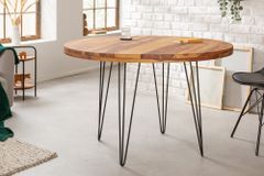 Runder Esstisch MAKASSAR 120cm braun Sheesham Massivholz stone finish Hairpin Legs