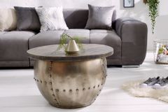 Runder Couchtisch DRUMP STORAGE 70cm grau silber Mangoholz massiv mit Stauraum handmade