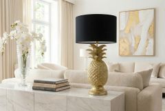 Handgefertigte Tischlampe PINEAPPLE 50cm gold schwarz Ananas-Design mit Stoffschirm