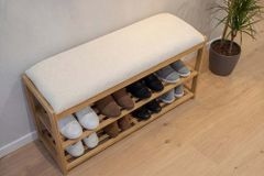 Stilvolle Schuhbank ZEN-BO 80cm natur beige Bambus Regal Sitzbank mit Stauraum