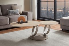 Design Couchtisch DANCING RINGS natur rund drehbar Travertin Keramik champagner greige