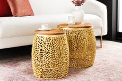 2er Set Filigraner Design Couchtisch ABSTRACT LEAF gold Akazienholz Handarbeit Metall rund