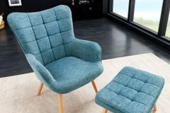 Moderner Sessel SCANDINAVIA blau Strukturstoff Massivholz-Beine mit Armlehnen