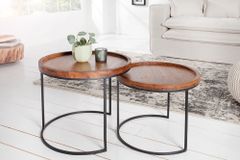Rundes 2er Set Beistelltische ELEMENTS 55cm Akazie stone finish Metall schwarz