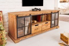 Massives Lowboard HERITAGE 160cm natur Pinie Industrial-Türen Metall Vitrine