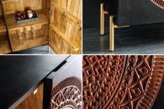 Massives Highboard MANDALA 120cm Mangoholz mit 3D Schnitzereien schwarz goldene Füße
