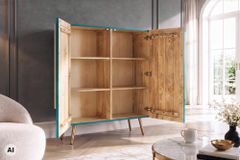 Massives Highboard AURUM 120cm türkis Mangoholz mit ikonischem Gold-Element