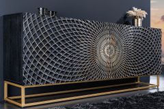 Design Sideboard ILLUSION 180cm schwarz Mangoholz Massivholz mit 3D Schnitzereien gold Eisen Metallgestell