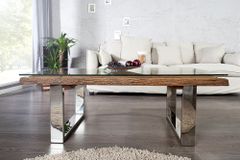 Eindrucksvoller Couchtisch BARRACUDA 110cm antik Teakholz mit Kufengestell und Glas