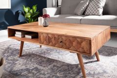 Massivholz Couchtisch MYSTIC LIVING 100cm natur Akazie mit Stauraum Schubladen Ablagefach