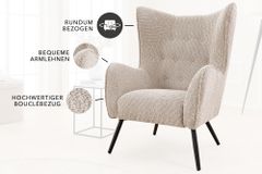 Design XL Sessel AMSTERDAM greige Bouclé schwarze Metallbeine Retro Stil