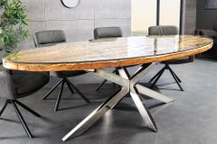 Massiver Esstisch BARRACUDA 220cm braun Teakholz silber Sterngestell Glasplatte