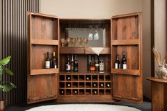 Massiver Barschrank ADLON 140cm braun Mangoholz mit 3D-Front und Weinregal