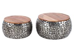 2er Set Runde Couchtische STONE MOSAIC 65cm silber Mangoholz Metall handmade Mosaik Design