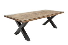 Massivholz Esstisch BARRACUDA 220cm natur Teak schwarz Metall X-Gestell inkl. Glasplatte