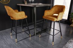 Design Barhocker PARIS senfgelb Samt mit Lehne Metall schwarz gold Ziersteppung