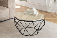 Handgefertigter Couchtisch DIAMOND 70cm beige Travertin schwarz Eisen