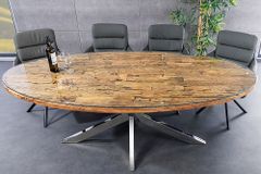 Massiver Esstisch BARRACUDA 220cm braun Teakholz silber Sterngestell Glasplatte