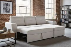 Ecksofa mit Schlaffunktion APARTMENT beidseitig aufbaubar beige Strukturstoff inkl. Stauraum
