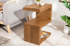 Handgearbeiteter Beistelltisch S 60cm braun honey finish Mangoholz mit Ablage variabel stellbar