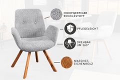 Drehbarer Design Stuhl BALTIC grau Bouclé natur Eiche Massivholz-Beine mit Armlehne