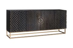 Design Sideboard ILLUSION 180cm schwarz Mangoholz Massivholz mit 3D Schnitzereien gold Eisen Metallgestell