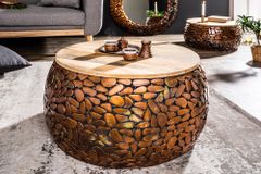 2er Set Runde Couchtische STONE MOSAIC 65cm kupfer Mangoholz Metall Mosaik Design handmade