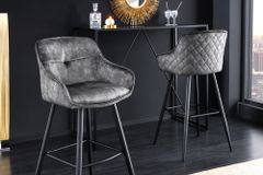 Design Barhocker EUPHORIA grau Samt schwarze Metallbeine Barstuhl mit Lehne
