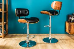Retro Barhocker CLASSICO schwarz 115cm höhenverstellbar mit Lehne Walnussholz-Design