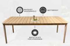 Wetterfester Gartentisch KOPENHAGEN 220cm natur Akazie Massivholz In- und Outdoor