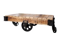 Massiver Design Couchtisch RAILWAY 110cm Mangoholz mit 4 Rädern