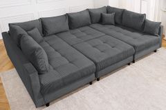 Moderne XXL Wohnlandschaft KENT 305cm anthrazit Cord Bigsofa inkl. Hocker Federkern