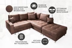 Modernes Ecksofa KENT 220cm braun Federkern Wohnlandschaft inkl. Hocker und Kissen