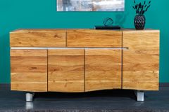 Massivholz Sideboard MAMMUT 170cm Akazie Baumkante mit Schubladen Kufengestell Edelstahl