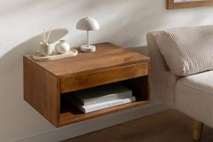 Hängender Nachttisch PURE 50cm braun Mangoholz honey finish Wandregal Schublade