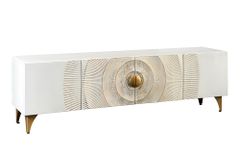 Massives TV-Lowboard GOLDEN SUNSET 180cm weiß gold Mangoholz 3D Schnitzereien Metallfüße