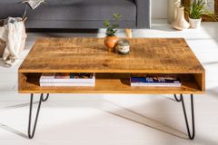 Massiver Couchtisch SCORPION 100cm natur Mangoholz Metall Hairpin Legs mit Ablage