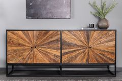 Massives Sideboard BARRACUDA 180cm braun Mangoholz mit Teakholz-Front schwarz Metall
