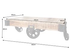Massiver Design Couchtisch RAILWAY 110cm Mangoholz mit 4 Rädern