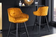 Design Barhocker EUPHORIA senfgelb Samt schwarze Metallbeine Barstuhl mit Lehne