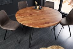 Runder Esstisch SCORPION 120cm Akazie natur Massivholz Hairpin Legs Retro Design