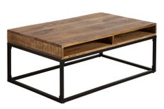 Massiver Couchtisch IRON CRAFT 100cm Mangoholz mit Schublade schwarzes Metallgestell