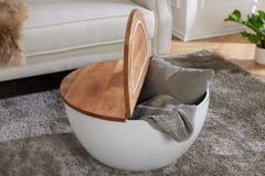 Runder Couchtisch ORIENT STORAGE 60cm weiß Akazienholz mit Stauraum Hammerschlag handmade