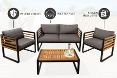 Outdoor Garten-Sitzgruppe PURE grau natur Akazie schwarz Metall inkl. Tisch Sitzpolster