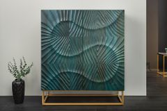 Massives Highboard SCORPION 120cm türkis Mangoholz mit 3D Schnitzereien gold Metall