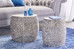 2er Set filigraner Design Couchtisch ABSTRACT LEAF antik silber Handarbeit rund