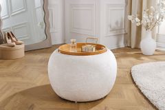 Runder Couchtisch ORBIT 50cm beige Bouclé Hocker mit Tablett und Stauraum